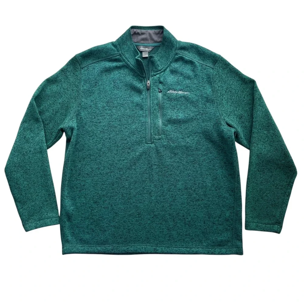Eddie Bauer Men's XL Green Heathered 1/4 Zip Pullover Fleece Jacket Sweater Cozy